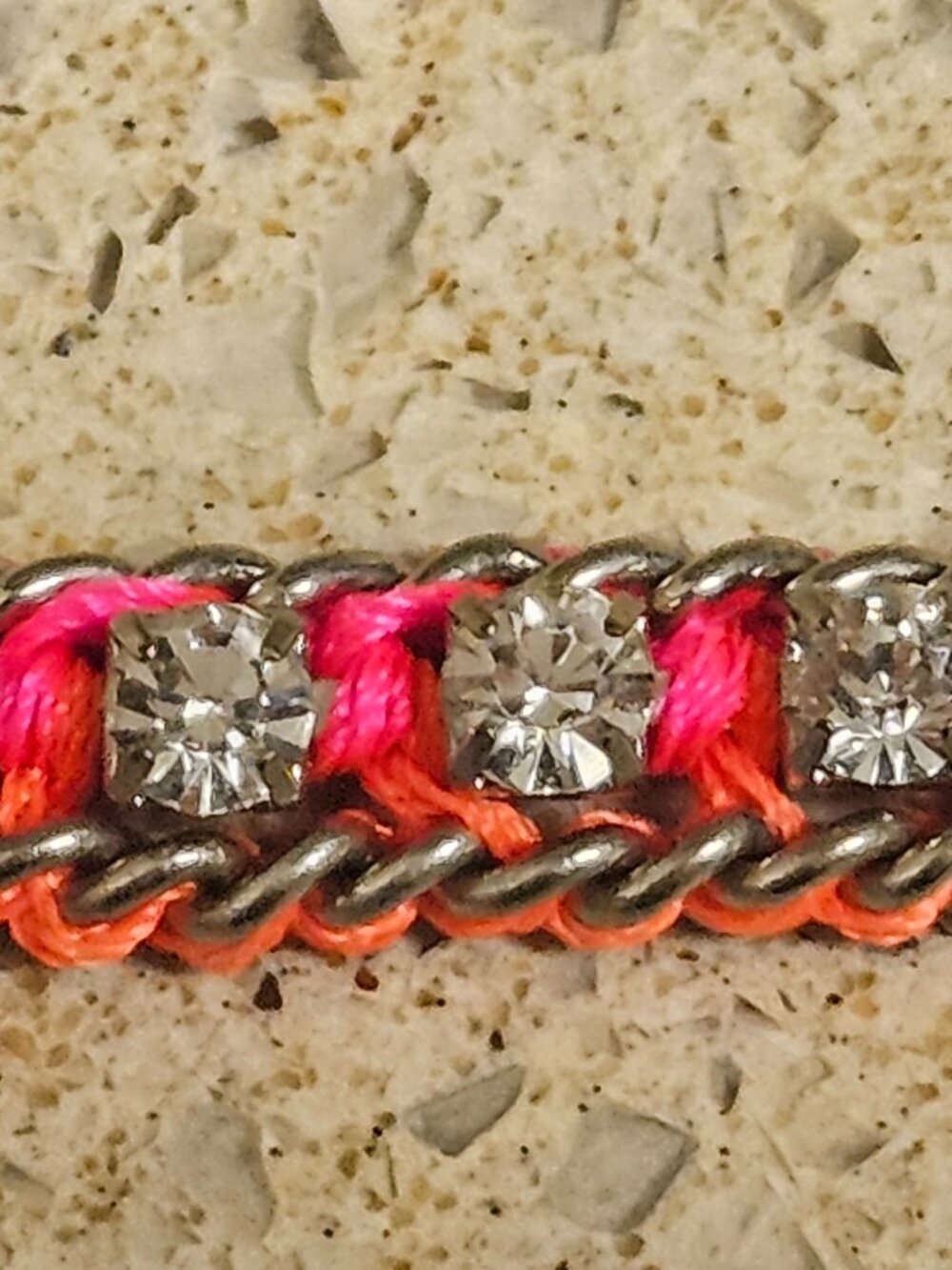 Vintage 1990s Neon Pink and Orange Woven Crystal Bracelet - 7"